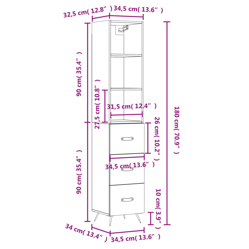 vidaXL skab 34,5x34x180 cm konstrueret træ sort