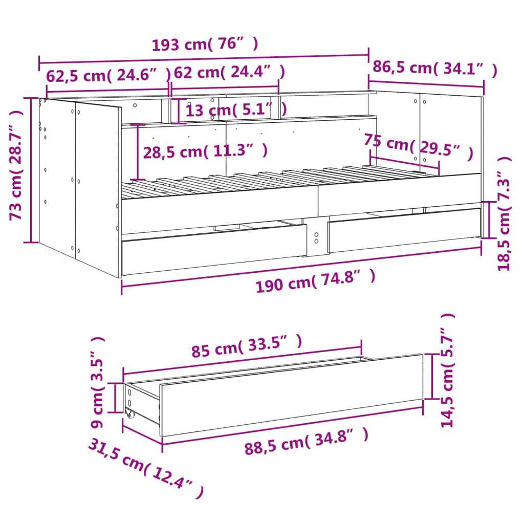 vidaXL daybed med skuffer uden madras 75x190 cm sonoma-eg