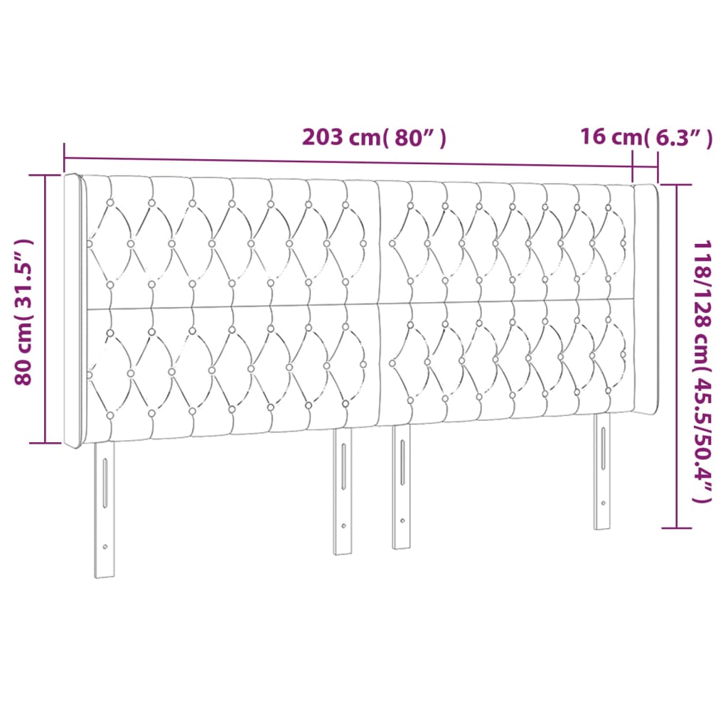 vidaXL sengegavl med LED-lys 203x16x118/128 cm fløjl lysegrå