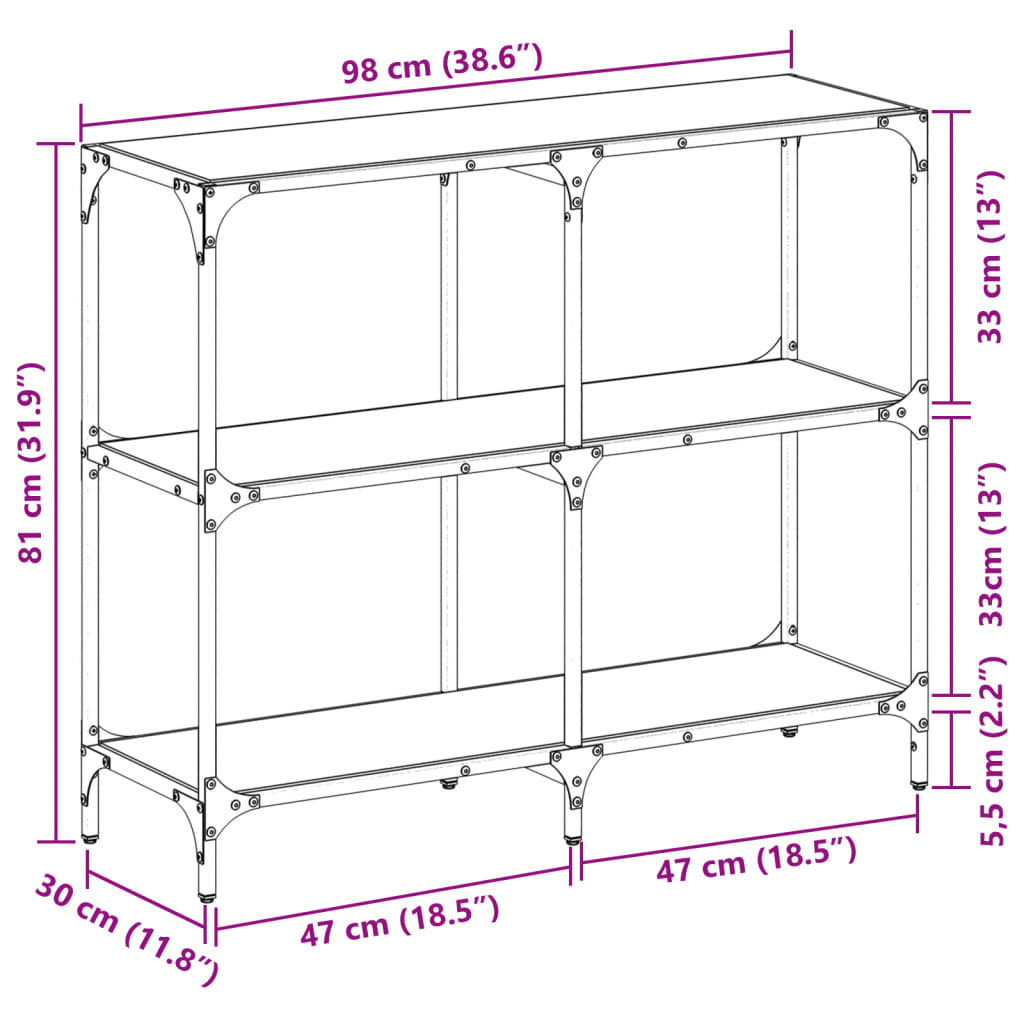 vidaXL konsolbord med sort glastop 98x30x81 cm stål