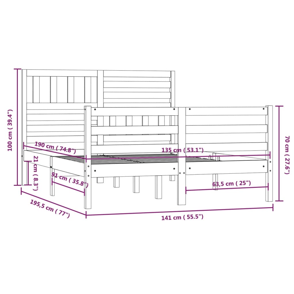 vidaXL sengeramme 135x190 cm dobbelt massivt træ