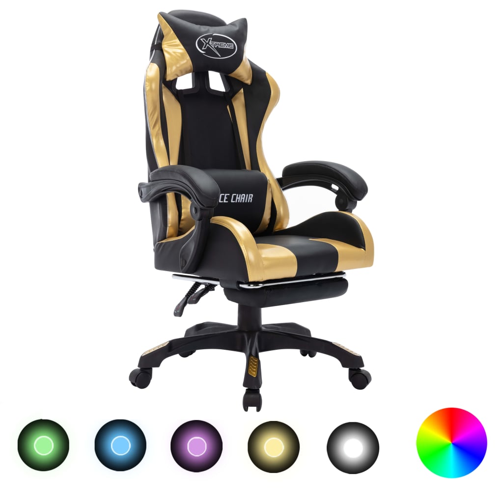 vidaXL gamingstol m. LED-lys RGB-farver kunstlæder guld og sort