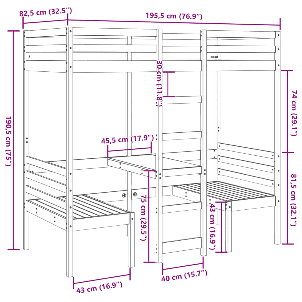 vidaXL højseng med skrivebord og stole 75x190 cm massivt fyrretræ