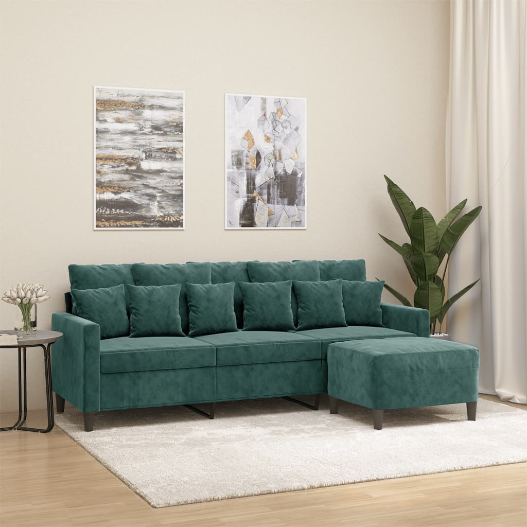 vidaXL 3-personers sofa med fodskammel 180 cm velour Mørkegrøn