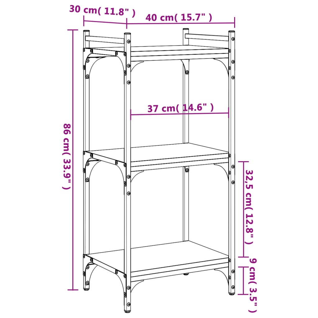 vidaXL bogreol 3 hylder 40x30x86 cm konstrueret træ sonoma-eg