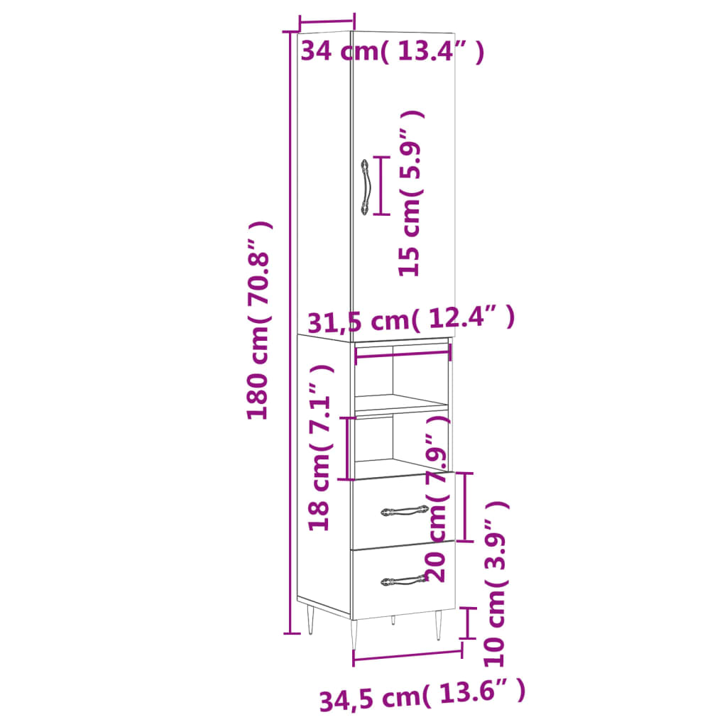 vidaXL skab 34,5x34x180 cm konstrueret træ hvid