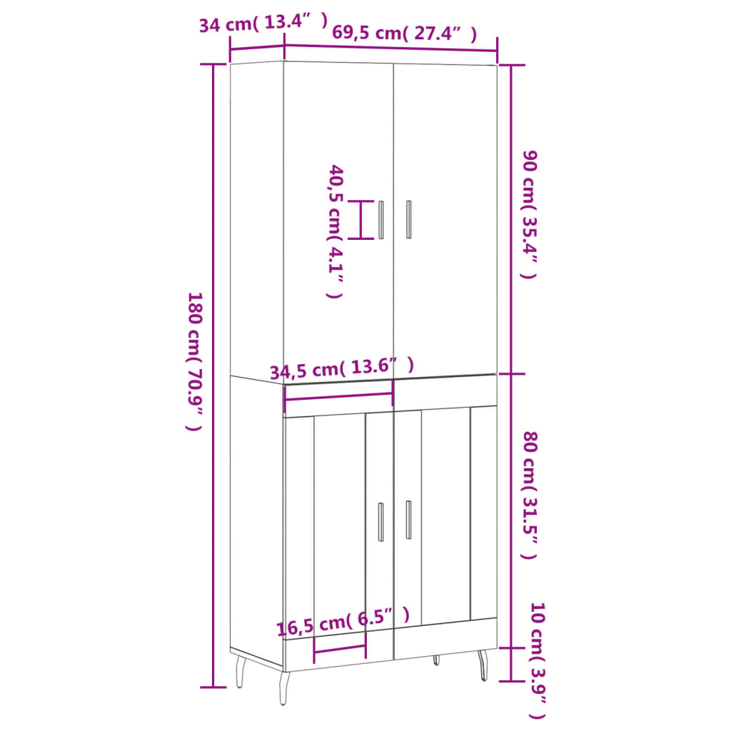 vidaXL højskab 69,5x34x180 cm konstrueret træ brun egetræsfarve