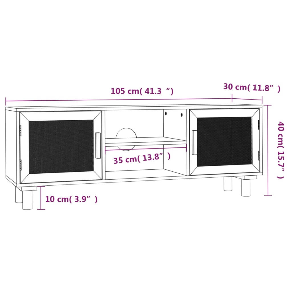 vidaXL tv-bord 105x30x40 cm massivt fyrretræ og naturlig rattan hvid