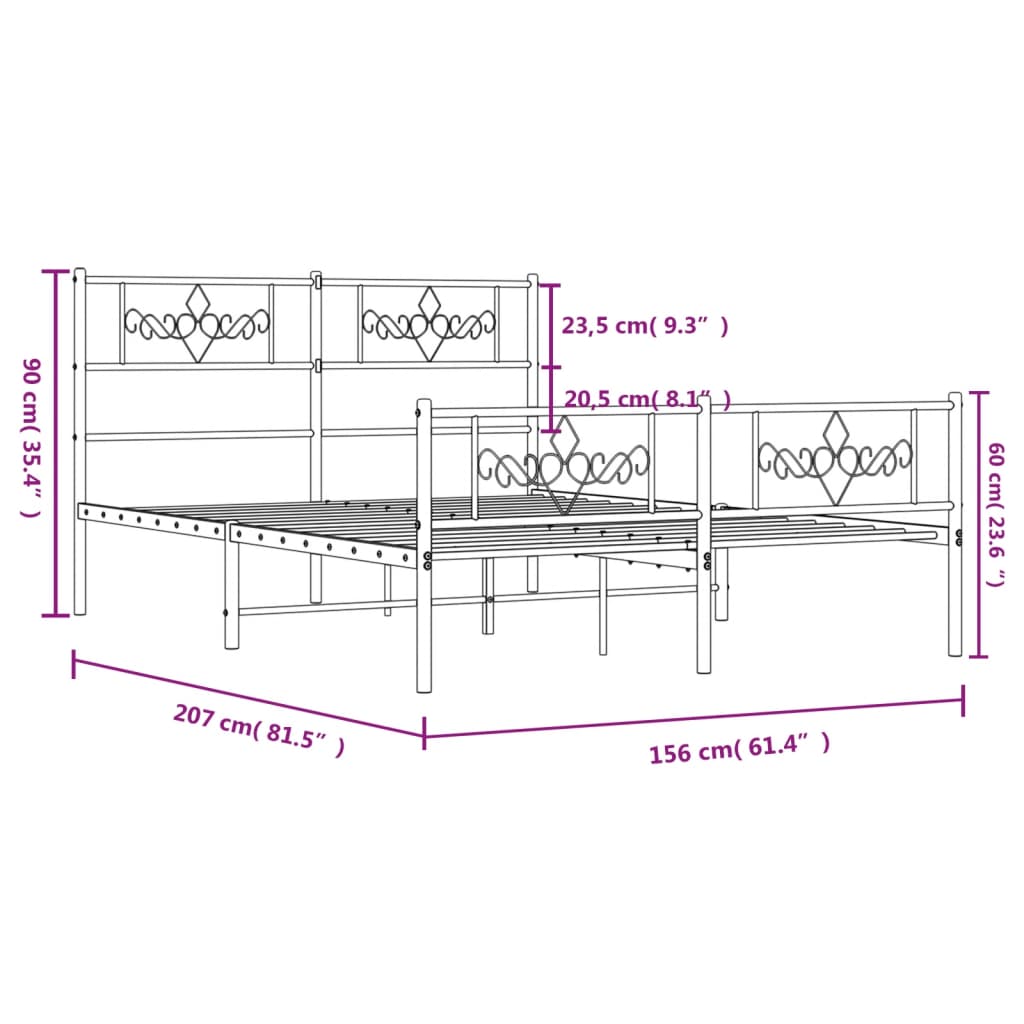 vidaXL sengeramme med sengegavl og fodgærde 150x200 cm metal hvid