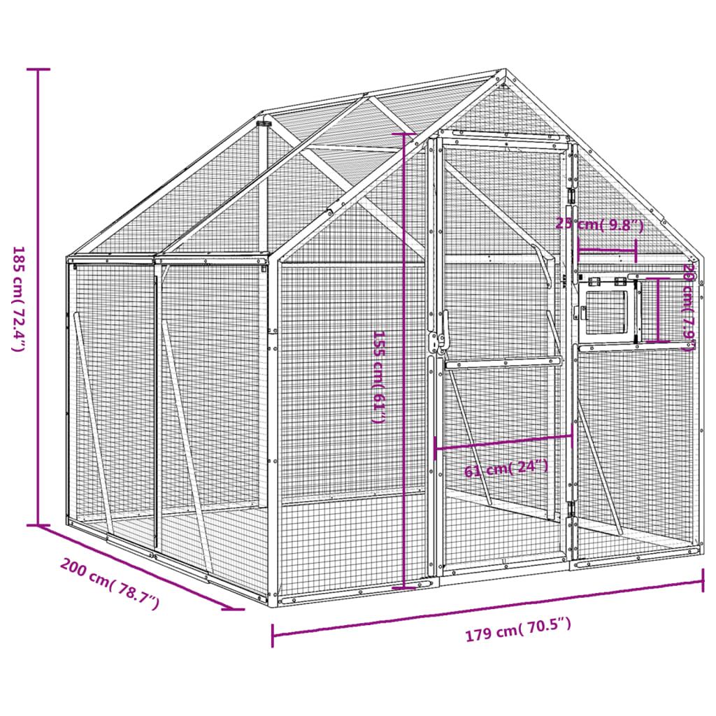 vidaXL voliere 1,79x2x1,85 m aluminium sølvfarvet