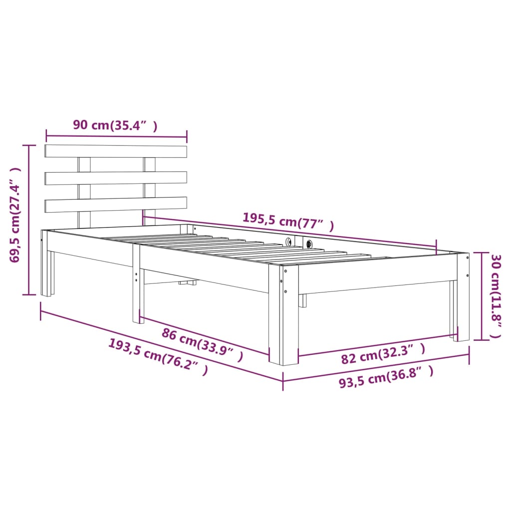 vidaXL sengeramme 90x190 cm Single massivt træ sort