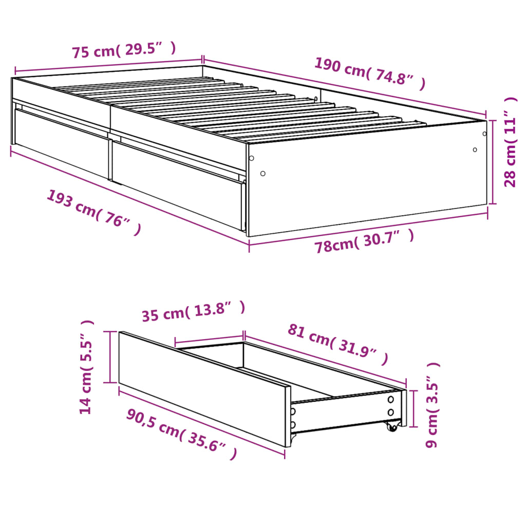 vidaXL sengeramme med skuffer 75x190 cm konstrueret træ sonoma-eg