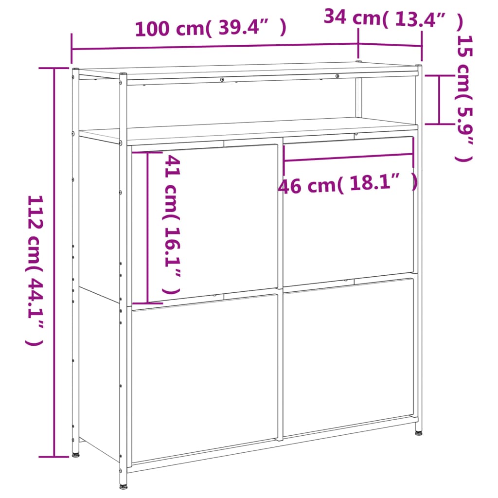 vidaXL skoskab med 4 vippeskuffer 100x34x112 cm sonoma-eg