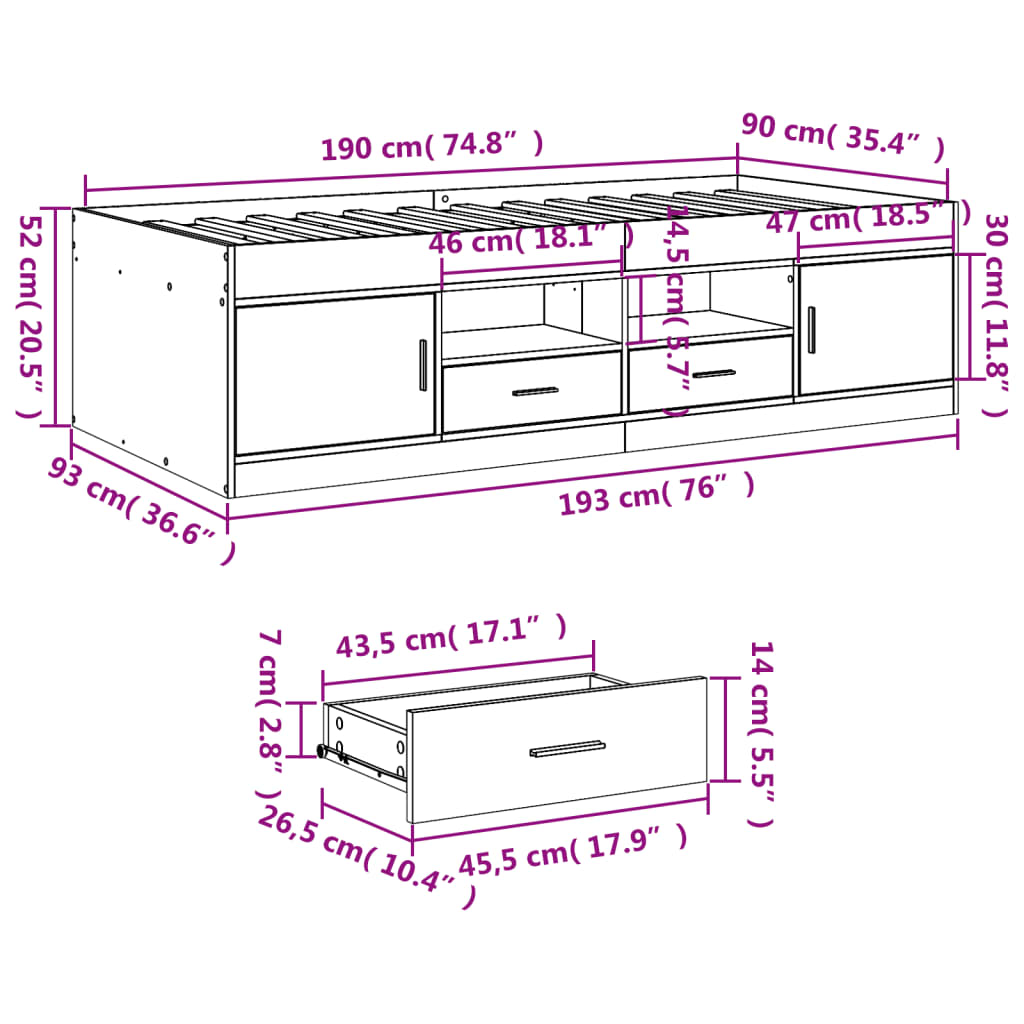 vidaXL daybed med skuffer uden madras 90x190 cm grå sonoma-eg