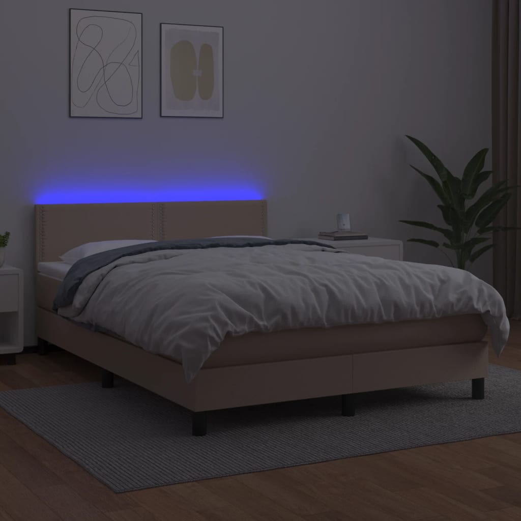 vidaXL kontinentalseng LED-lys 140x200 cm kunstlæder cappuccinofarvet