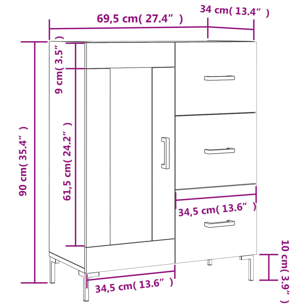 vidaXL skænk 69,5x34x90 cm konstrueret træ hvid