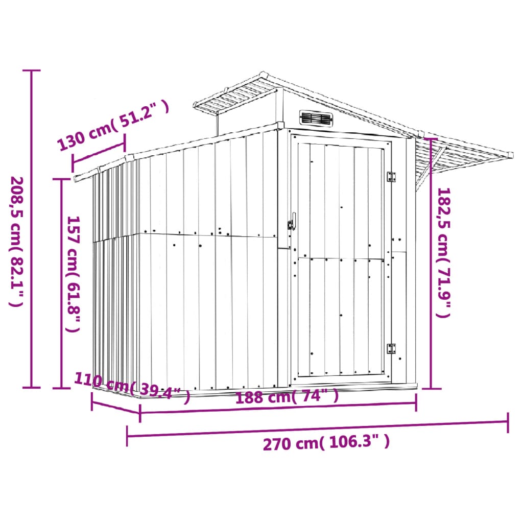 vidaXL haveskur 270x130x208,5 cm galvaniseret stål antracitgrå