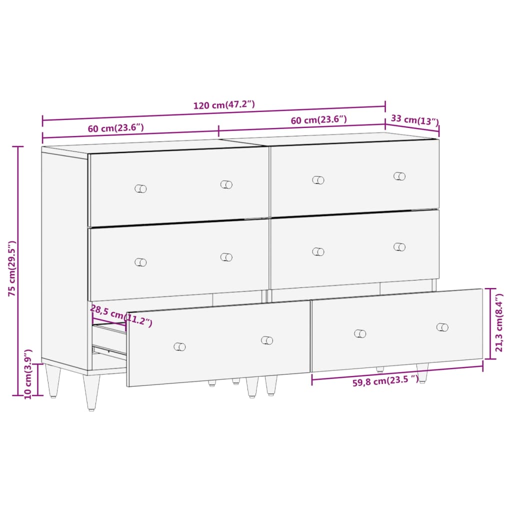 vidaXL kommoder 2 stk. 60x33x75 cm massivt mangotræ