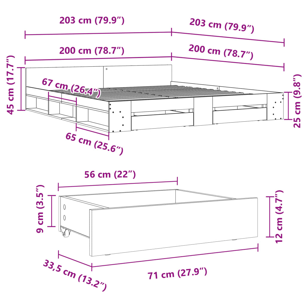 vidaXL sengeramme med skuffer 200x200 cm konstrueret træ sonoma-eg