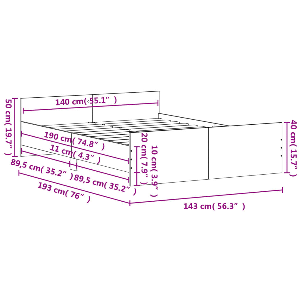 vidaXL sengeramme med sengegavl og fodgærde 140x190 cm røget egetræ