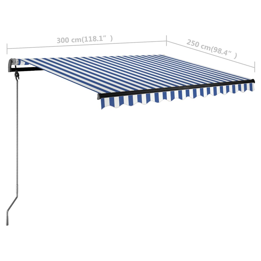 vidaXL markise m. LED-lys+vindsensor 300x250 cm automatisk blå/hvid