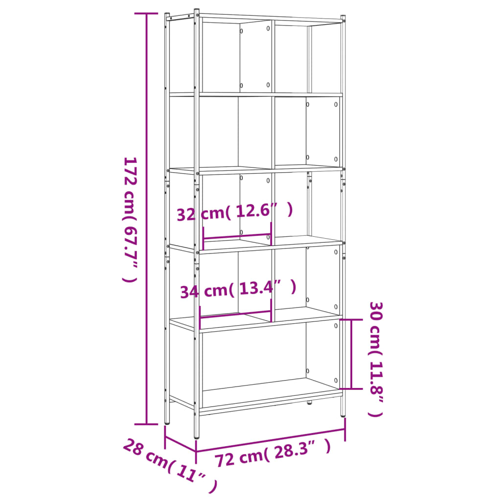 vidaXL bogreol 72x28x172 cm konstrueret træ røget egetræsfarve