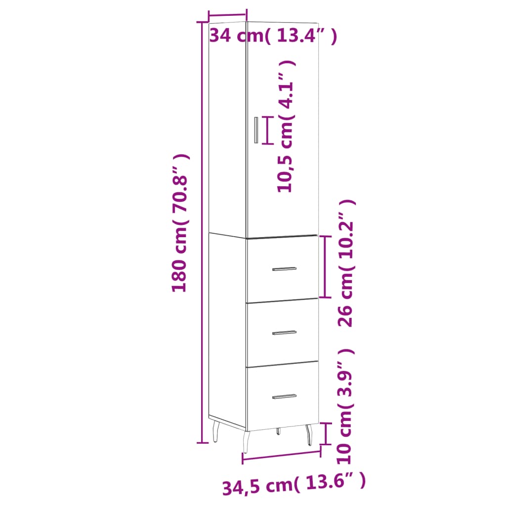 vidaXL skab 34,5x34x180 cm konstrueret træ brun egetræsfarve