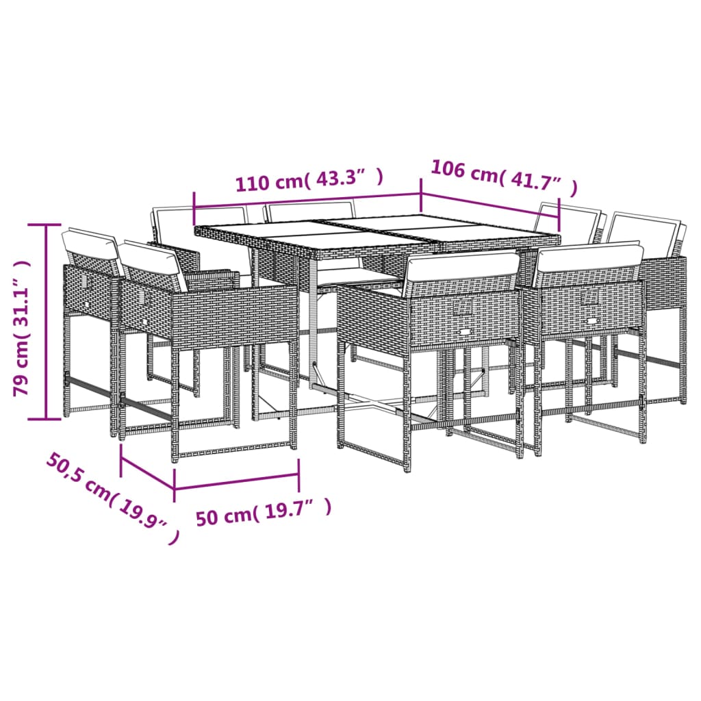 vidaXL spisebordssæt til haven 9 dele med hynder polyrattan lysegrå