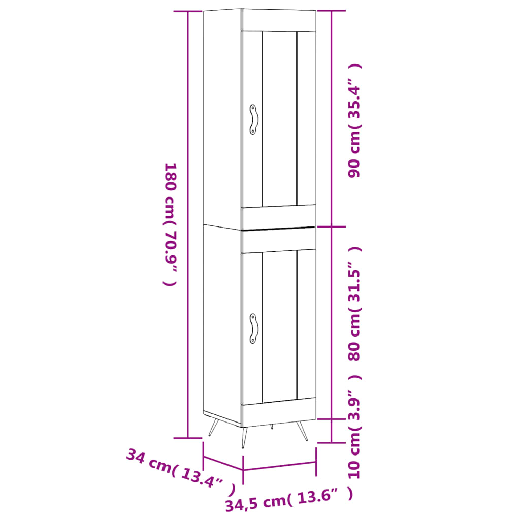 vidaXL højskab 34,5x34x180 cm konstrueret træ grå sonoma-eg