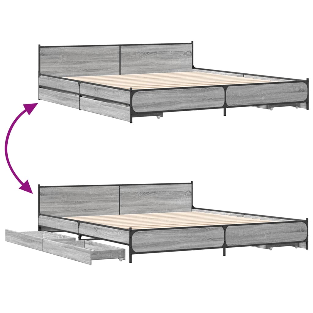 vidaXL sengeramme med skuffer 180x200 cm konstrueret træ grå sonoma-eg