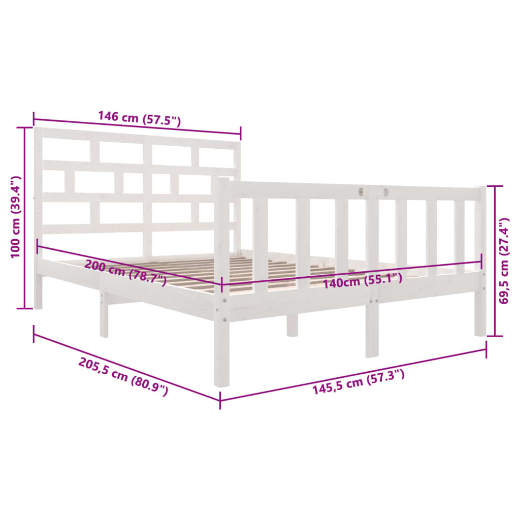 vidaXL sengeramme 140x200 cm massivt fyrretræ hvid