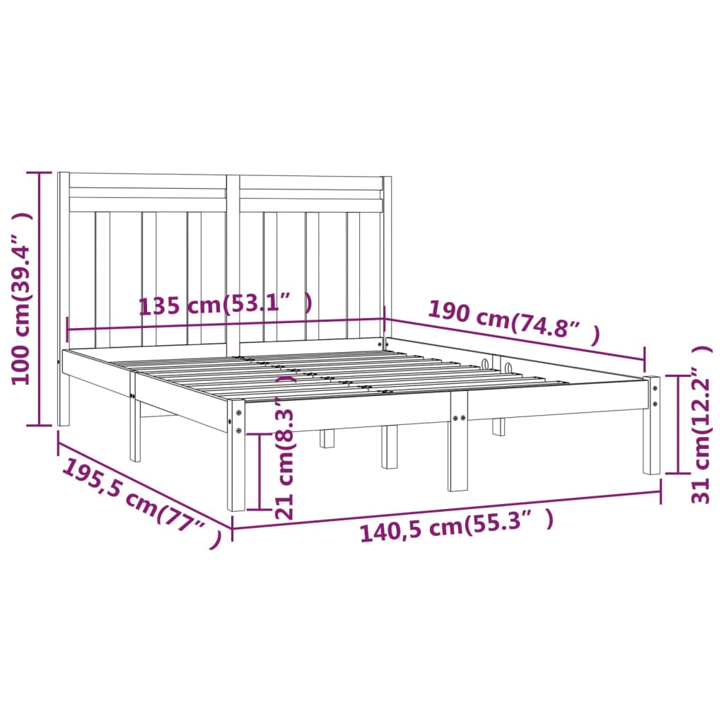 vidaXL sengeramme 135x190 cm Double massivt fyrretræ sort