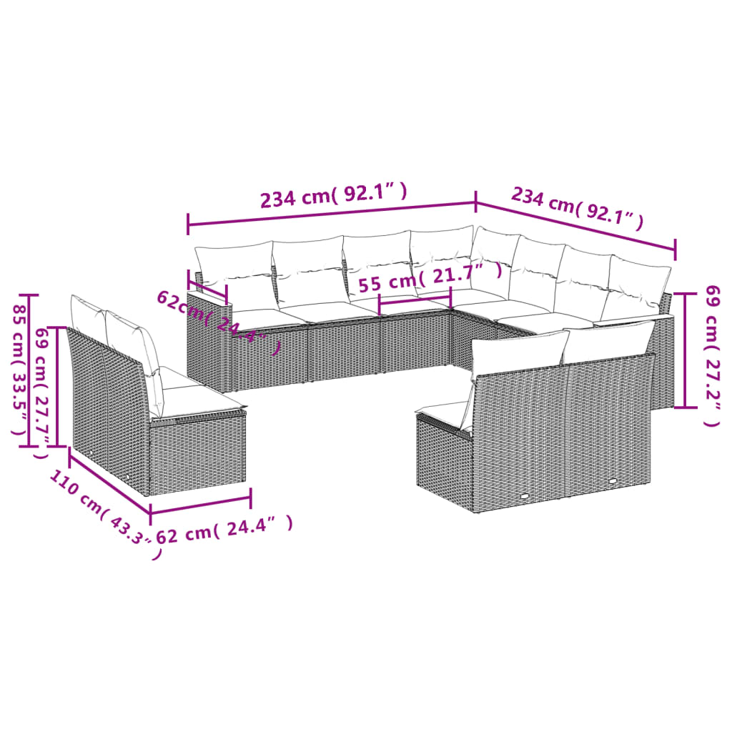 vidaXL sofasæt til haven 11 dele med hynder polyrattan beige