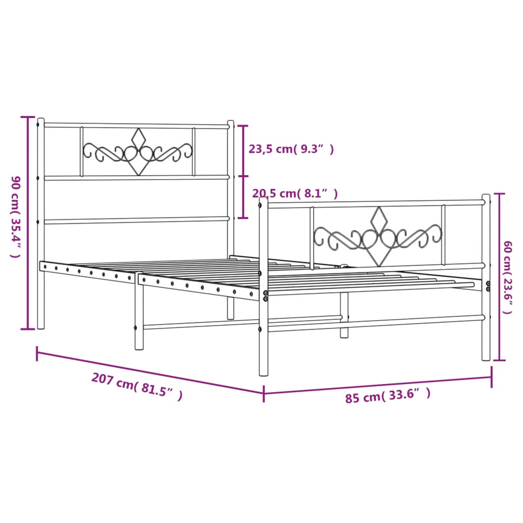 vidaXL sengeramme med sengegavl og fodgærde 80x200 cm metal hvid