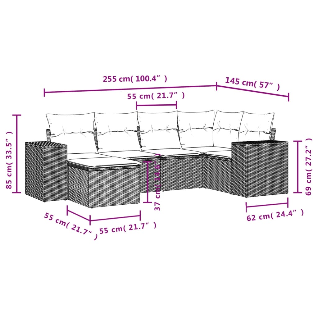 vidaXL sofasæt til haven 6 dele med hynder polyrattan sort