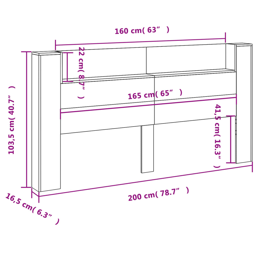 vidaXL sengegavl m. opbevaring og LED-lys 200x16,5x103,5 cm grå sonoma