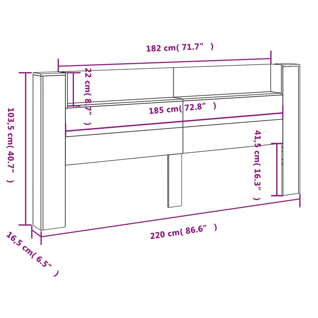 vidaXL sengegavl med opbevaring og LED-lys 220x16,5x103,5 cm røget eg