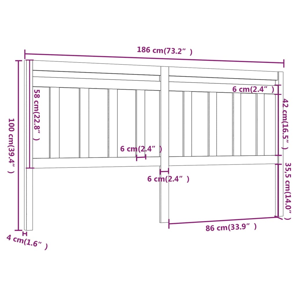 vidaXL sengegærde 186x4x100 cm massivt fyrretræ grå