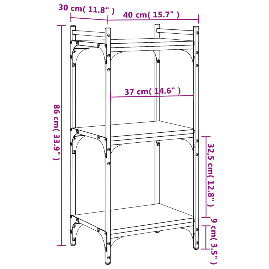 vidaXL bogreol 3 hylder 40x30x86 cm konstrueret træ røget eg