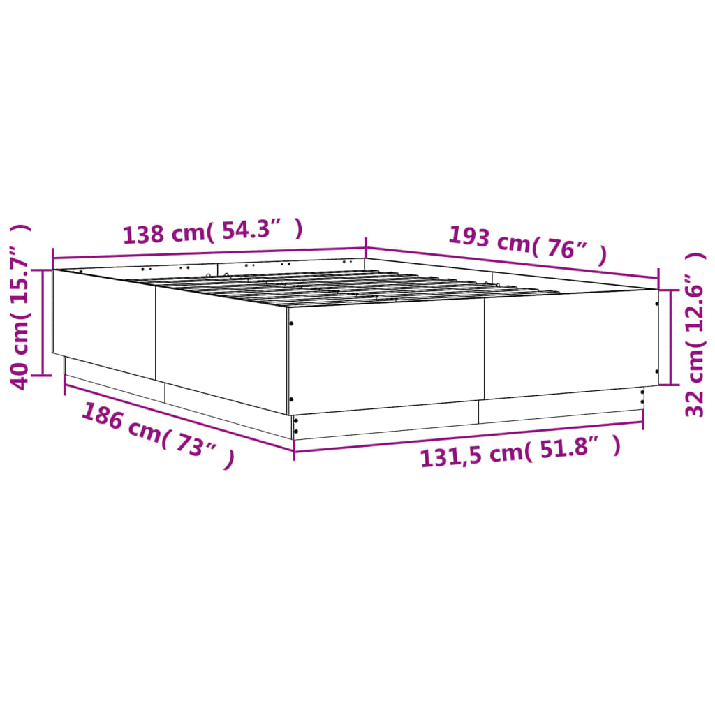 vidaXL sengeramme med ED-lys 135x190 cm konstrueret træ brunt egetræ