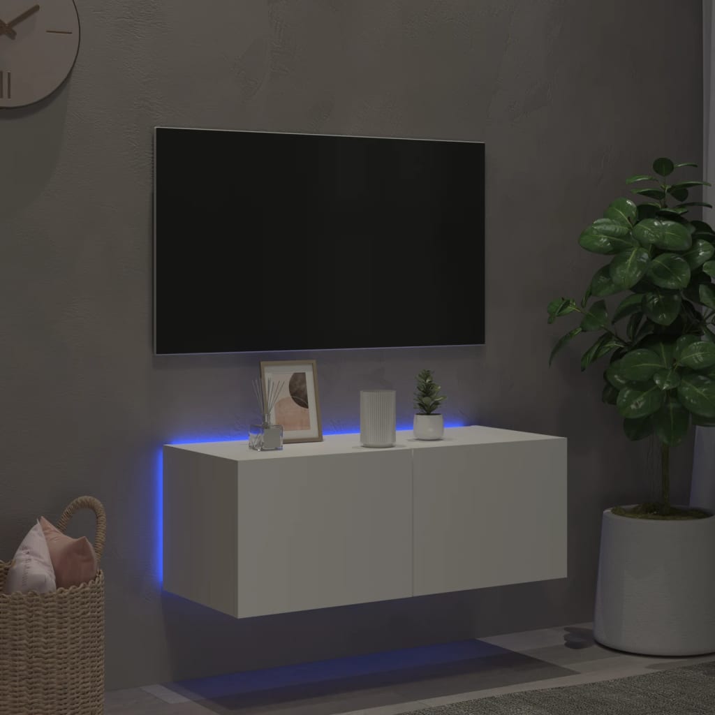 vidaXL væghængt tv-bord med LED-lys 80x35x31 cm hvid