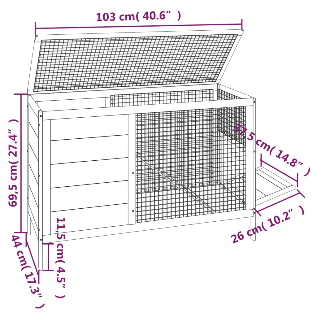 vidaXL kaninbur 103x44x69,5 cm massivt fyrretræ mokkafarvet