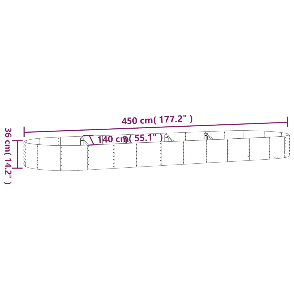 vidaXL plantekasse 450x140x36 cm pulverlakeret stål sølvfarvet