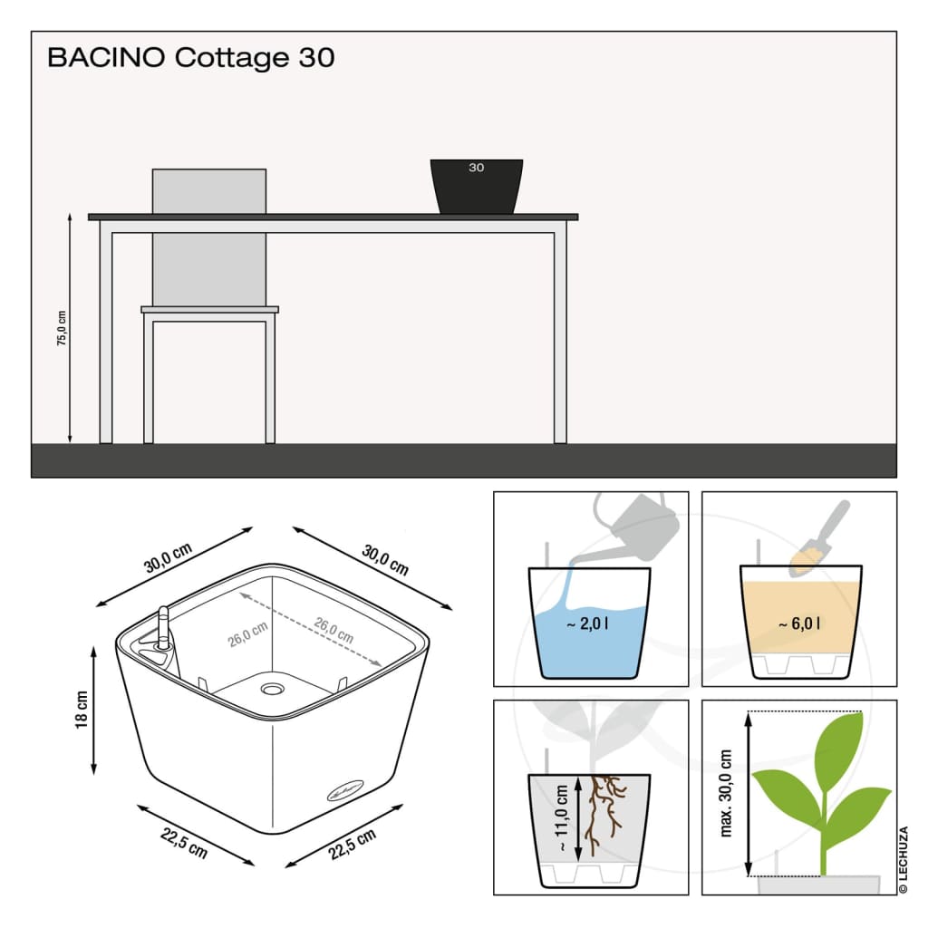 LECHUZA plantekrukke BACINO Cottage ALL-IN-ONE 30x30 cm sandfarvet