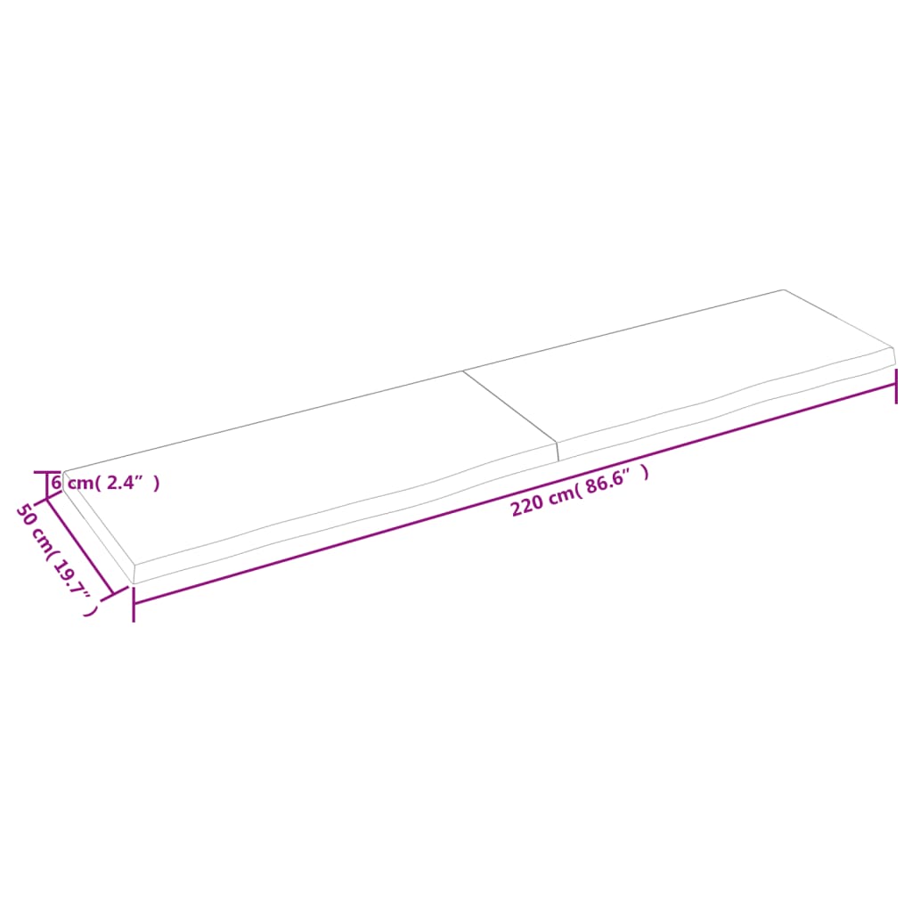 vidaXL bordplade til badeværelse 220x50x(2-6)cm massivt træ ubehandlet