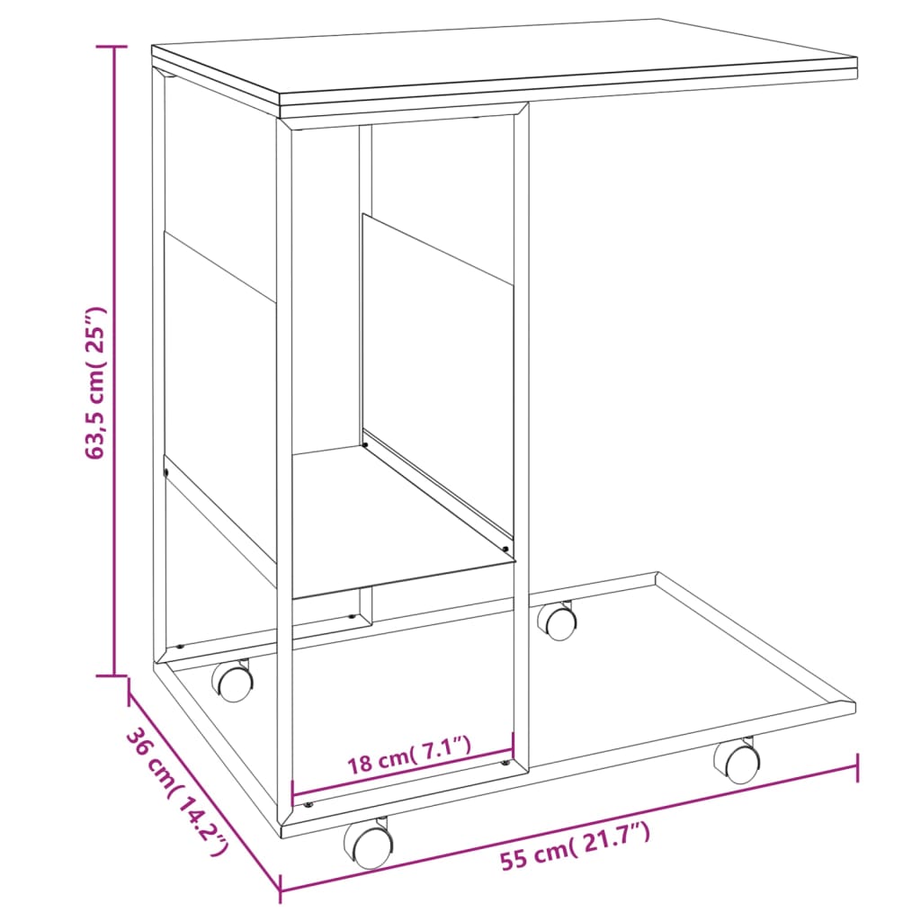 vidaXL sidebord med hjul 55x36x63,5 cm konstrueret træ sort