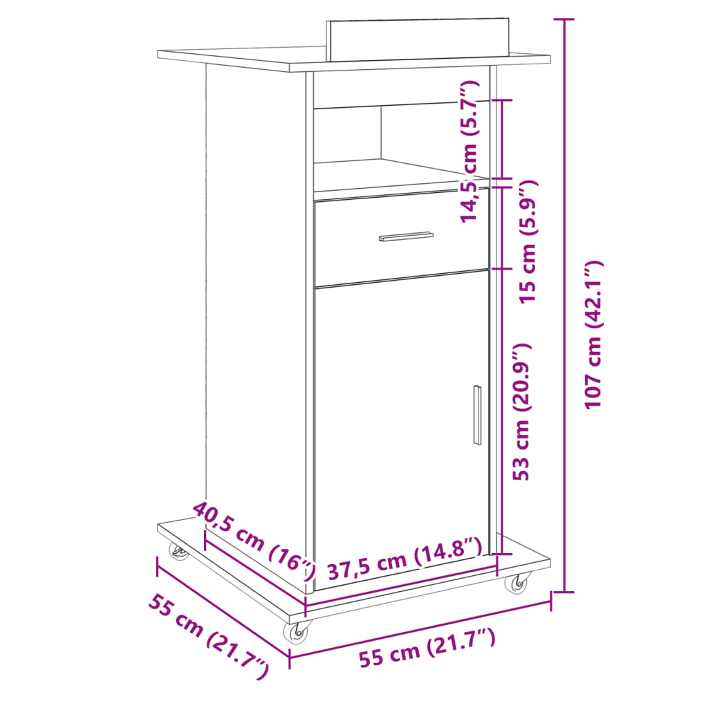 vidaXL talerstol med hjul skuffe 55x55x107 cm konstrueret træ røget eg