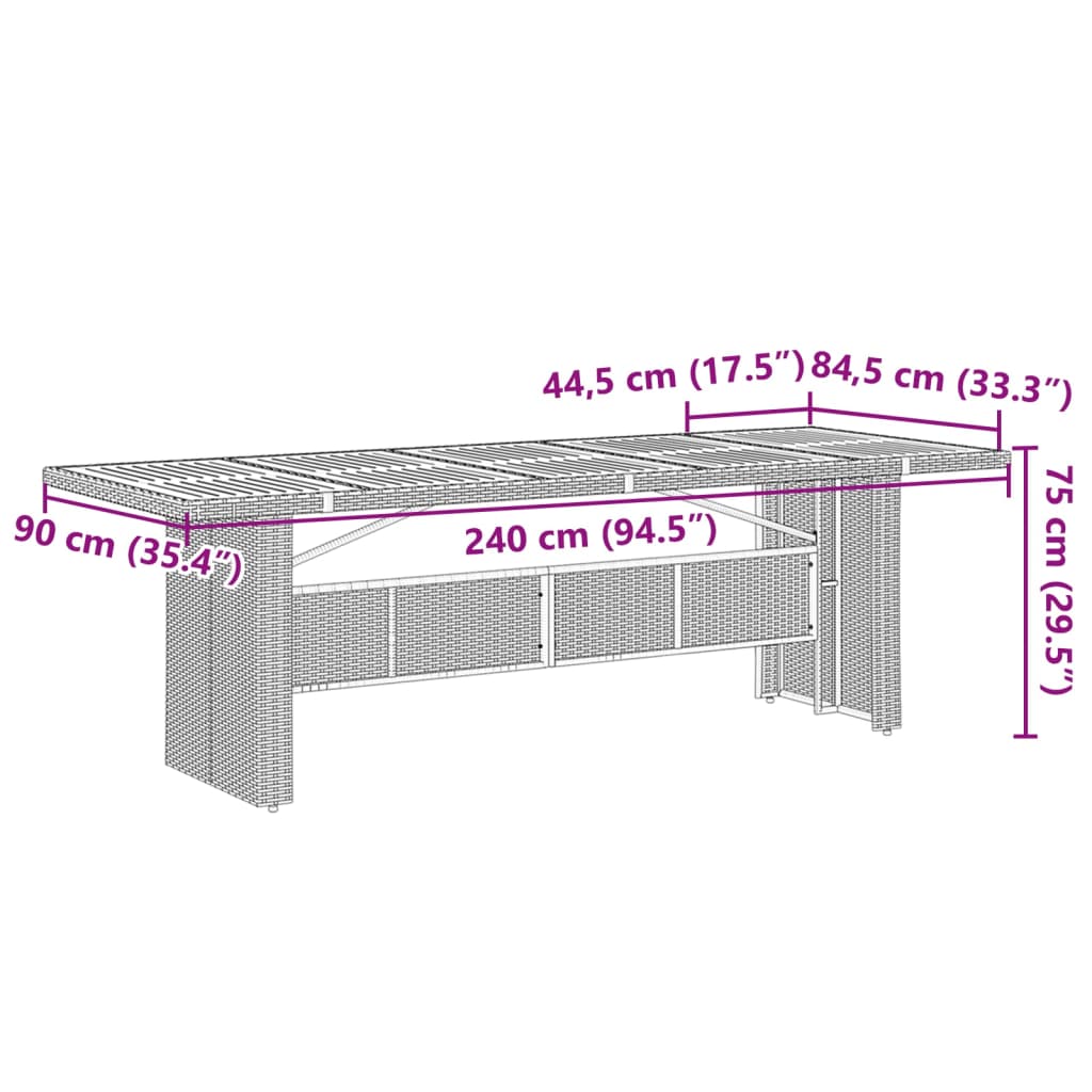 vidaXL havebord med glastop 240x90x75 cm polyrattan grå