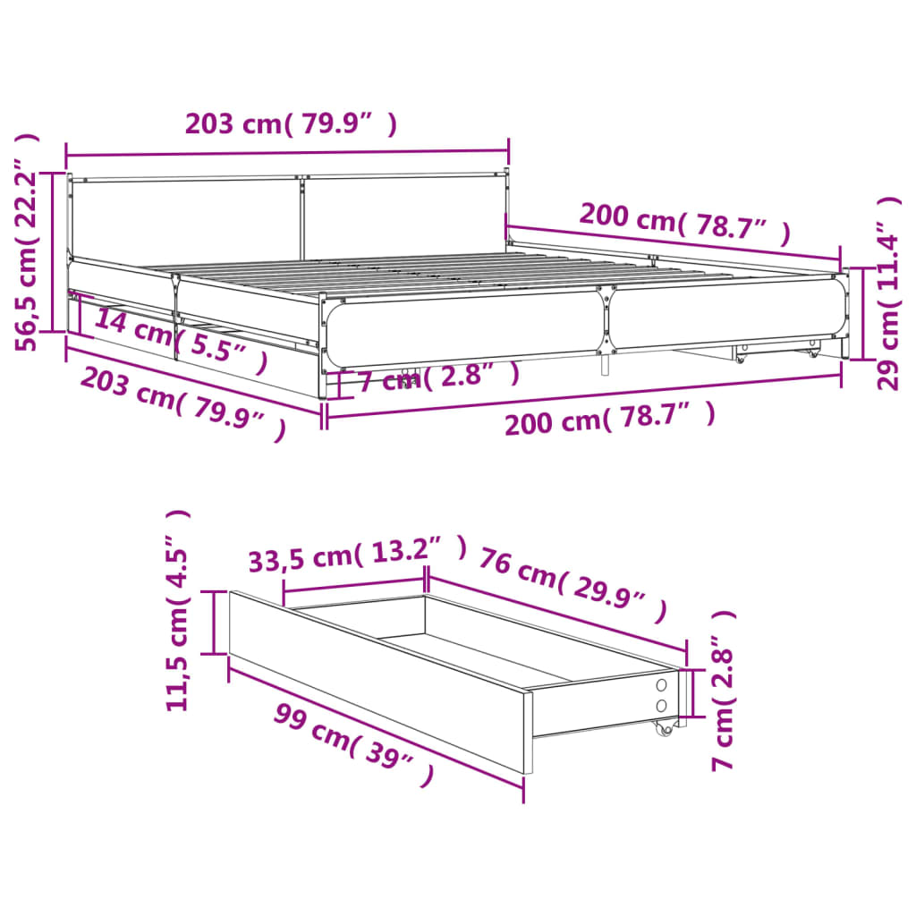 vidaXL sengeramme med skuffer 200x200 cm konstrueret træ sonoma-eg