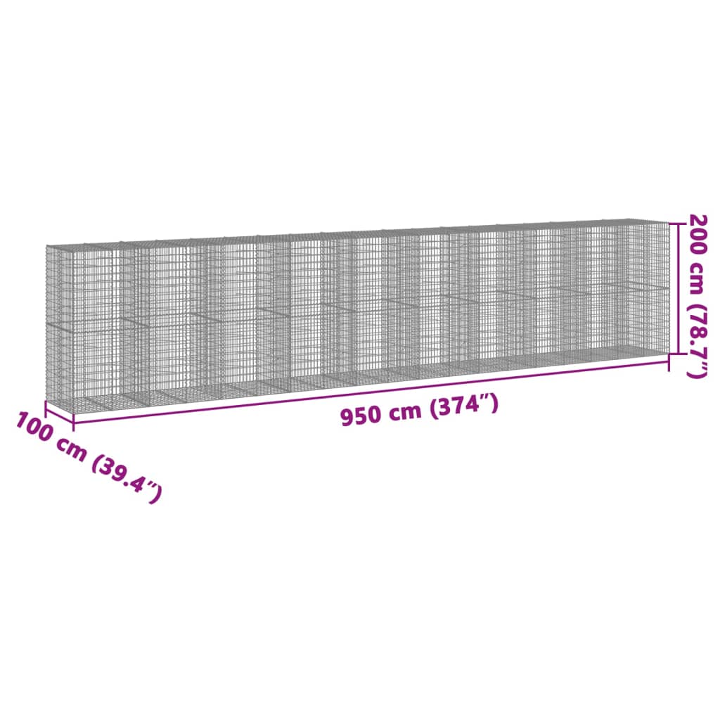 vidaXL gabionkurv med cover 950x100x200 cm galvaniseret jern